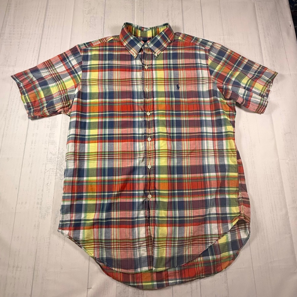 Polo Ralph Lauren Mens Classic Fit Madras Plaid Short Sleeve Button Down Shirt L